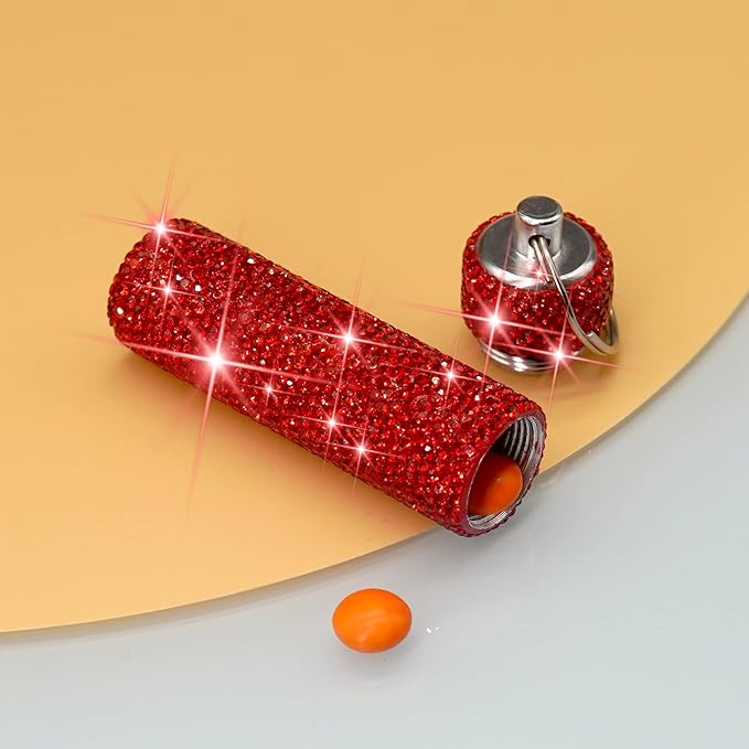 Yuchew Bling Pill Case Pill Container Rhinestone Pill Box Portable Waterproof Pocket Pill Holder Bottle Storage with Keychain for Travel, Outdoor, Camping (Red)