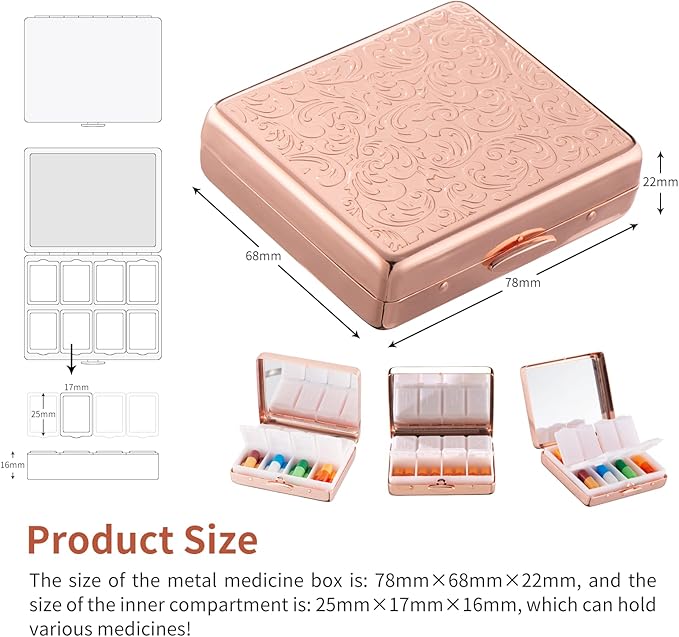 Portable Metal Travel Medicine Box with a Mirror / 8 Compartments (Rose Gold)