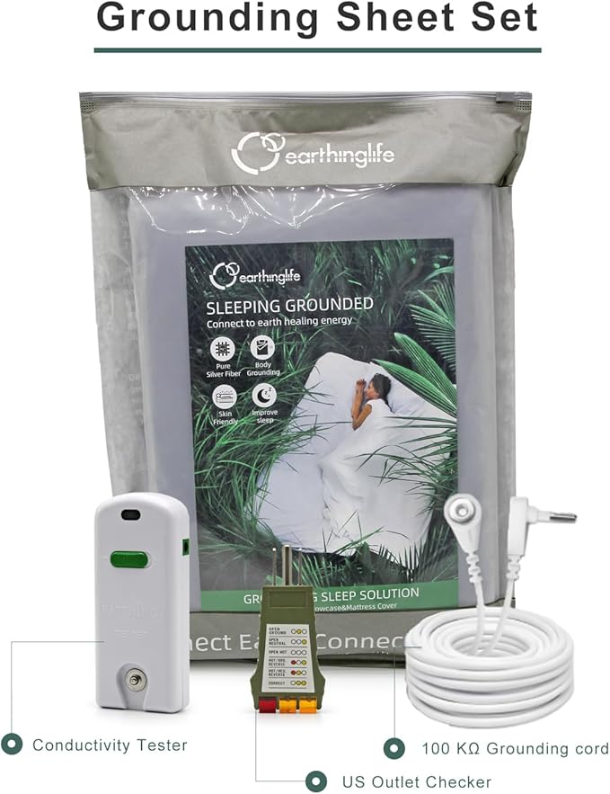 Grounding Fitted Sheet Kit King Size 15" Deep Pocket Earthing Fitted Bottom Sheet + Earthing Product Tester + U.S. Outlet Checker