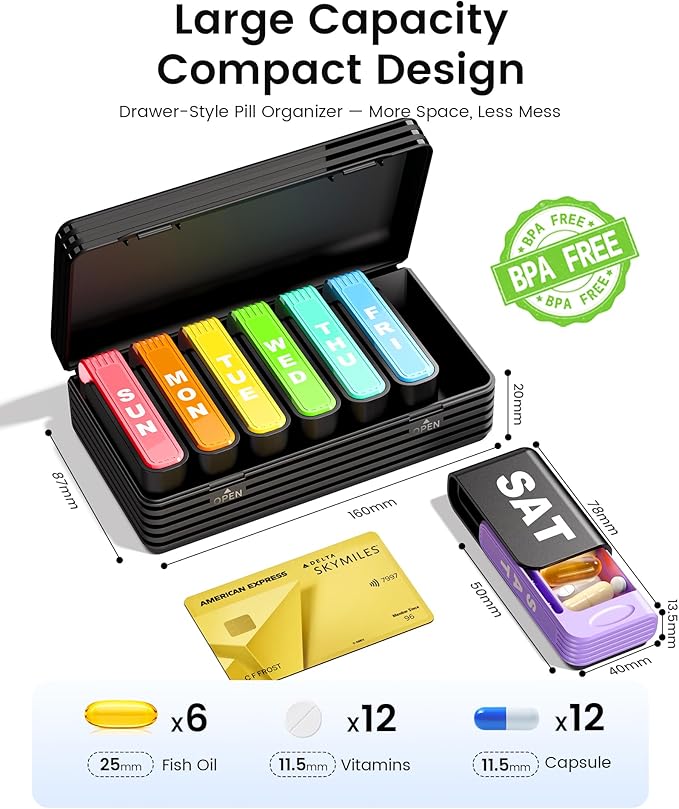 Daviky Weekly Pill Organizer 1 Time a Day, Travel Drawer-Style Pill Box for Daily Medication, 7-Day Pill Case, Compact & Portable, Ideal for Vitamins, Fish Oils & Supplements
