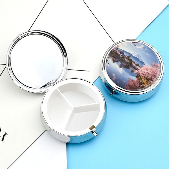Mount Fuji Cherry Blossom Trees Pill Box Travel Pill Case for Purse Pocket Weekly Medicine Organizer with Mirror 3 Compartment Round Medicine Case Portable PillcaseHolder for Daily