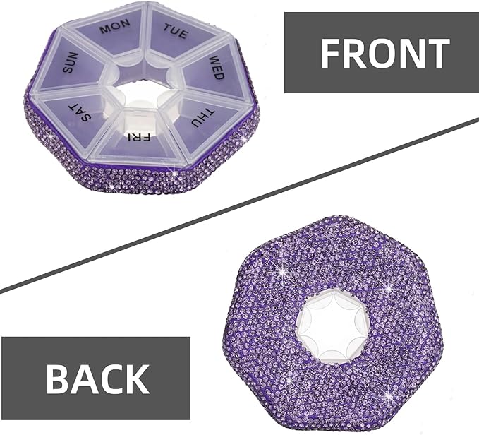 Round Pill Organizer Small Weekly Pill Case for Purse Bling Cute Medicine Pill Box Compact Vitamin Container 7 Day Daily Pill Holder Planner(Purple)
