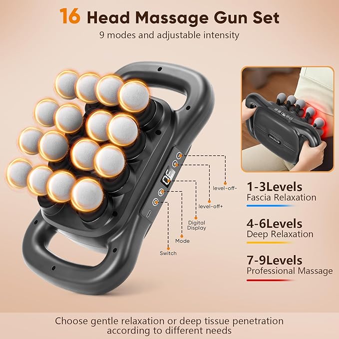 16 Head Massage Gun, Handheld Electric Interchangeable Massage,Deep Tissue Relief with 9 Modes,Quiet Percussion Massager for Neck/Back/Leg Pain, Muscle Massager for Athletes Office Workers