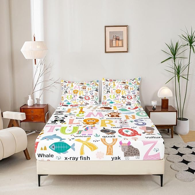 ABC Alphabet Bedding Set Queen Size for Boys Girls, Cartoon Animal Bed Sheet Set Cute Educational Learning Tool Fitted Sheet Learning Educational Bed Cover (2 Pillow Cases and a Fitted Sheet)