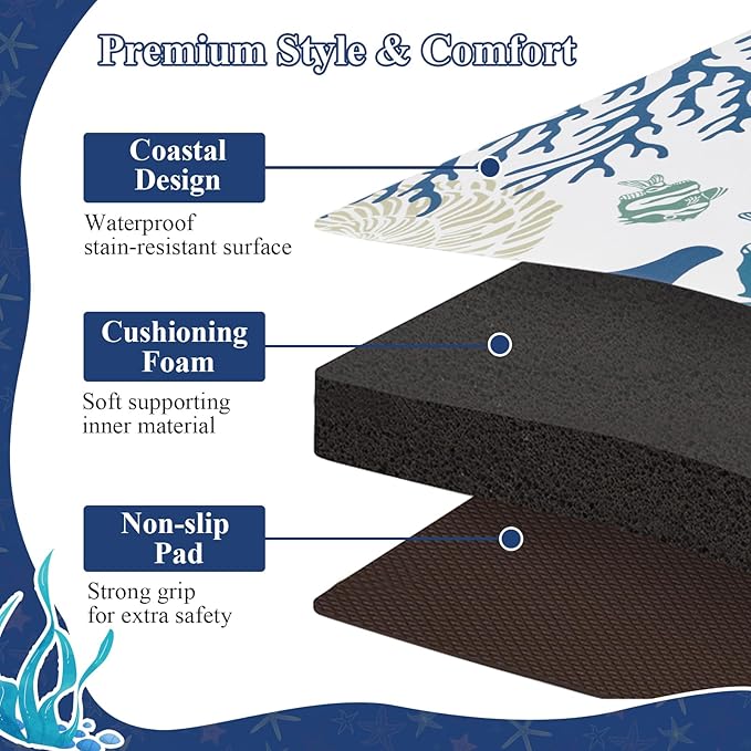 SHACOS Coastal Kitchen Rugs Set of 2 Anti-Fatigue Kitchen Mats Summer Cushioned Mats with Sea Themed White Blue Starfish Shell Coral Tropical Fish 17x27.5+17x47, Coastal Beach
