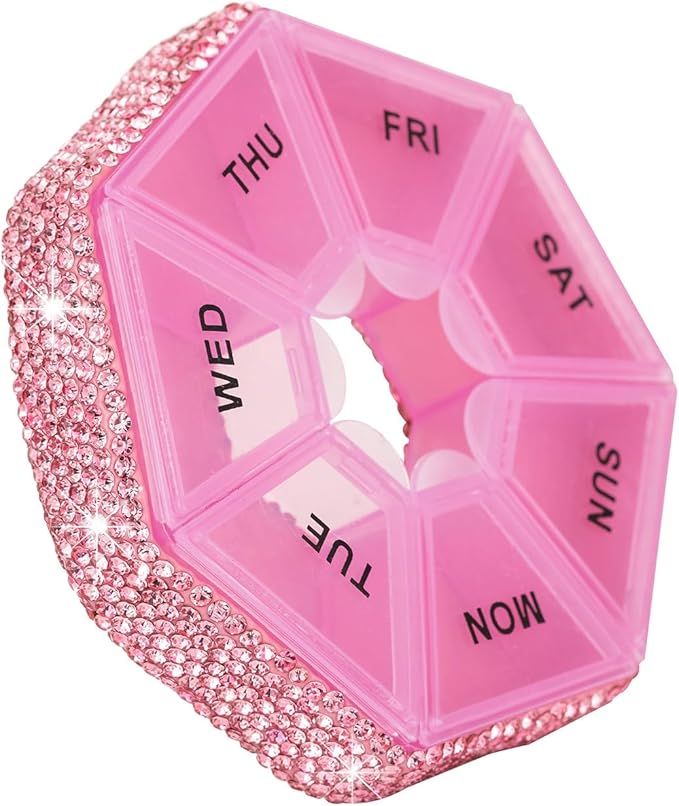 Round Pill Organizer Small Weekly Pill Case for Purse Bling Cute Medicine Pill Box Compact Vitamin Container 7 Day Daily Pill Holder Planner(Pink)