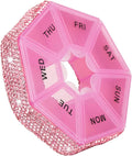Round Pill Organizer Small Weekly Pill Case for Purse Bling Cute Medicine Pill Box Compact Vitamin Container 7 Day Daily Pill Holder Planner(Pink)
