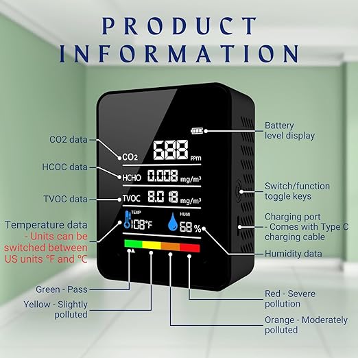 CO2 Detector Air Quality Monitor Indoor,5-in-1 Formaldehyde/CO2/TVOC/Temperature (°F/°C)/Humidity Monitor,Portable Carbon Dioxide Detector for Home,Office,Indoor Air Quality Safety Monitoring (Black)