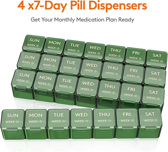 Lifewit Monthly Pill Organizer, 28 Day Pill Box, 4 Weeks One Month Vitamin Cases, Large Compartments Medicine Organizer for Fish Oils, Supplements, 28 Grids, Green