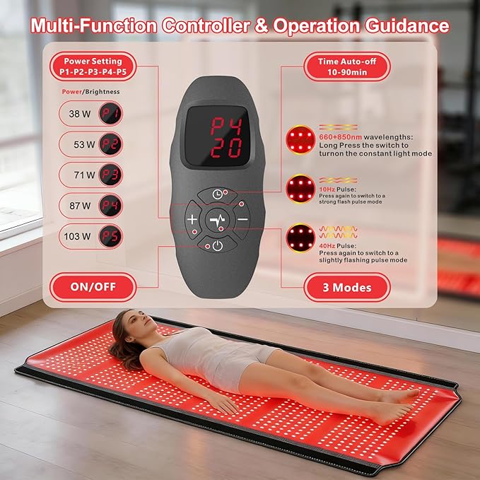 Full Body Red Light Therapy Mat, 74.8"*35.4" Whole Red Light Therapy Blanket with 3 Light Modes & 5 Working Modes, 1260 LEDs redlight with 660nm & 850nm for Men, Women, Pets