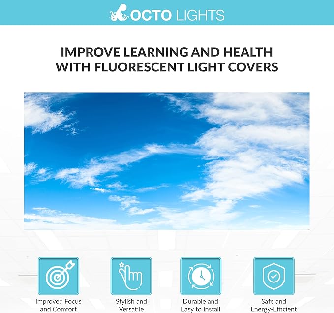 OCTO LIGHTS Fluorescent Light Covers Cloud Sky Panel for Ceiling Lights, Light Covers for Ceiling Lights Classroom 2x4 (22.38"x46.5") Backlit Film Insert for Fluorescent Light Fixtures (Pack of 1)