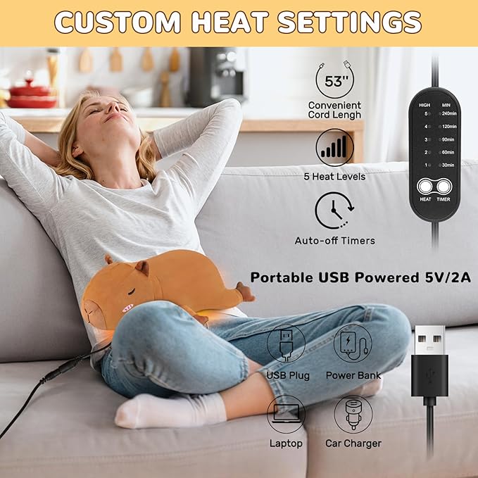 Capybara Heating Pad for Period Cramps Menstrual Pain Relief, Portable Electric Heat Pads USB Powered, Cute Stuff Capybara Plush Stuffed Animals Gifts, Gift for Women Teen Girls Birthday Christmas