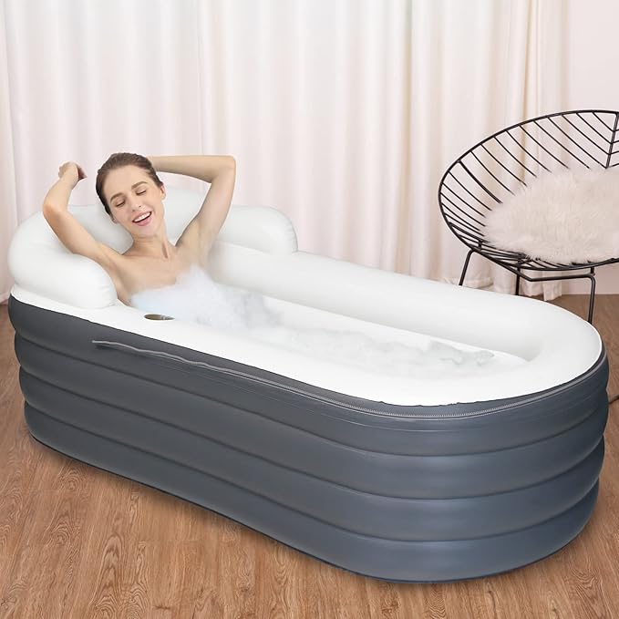 B&Y Portable Adult Soaking Bathtub, Ice Bath Tub Family Home Spa Tub with Zipper Cover, Designed with Headrest, Cup Holder (Air Pump Included) (Rectangular-168x76x68cm (without Machine))