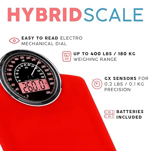 Adamson Hybrid 2-in-1 Analog & Digital Weighing Scale for Body Weight up to 400lbs - Thick Tempered Glass - Extra Large Display - Easy to Read Digital Bathroom Scale - New - Red