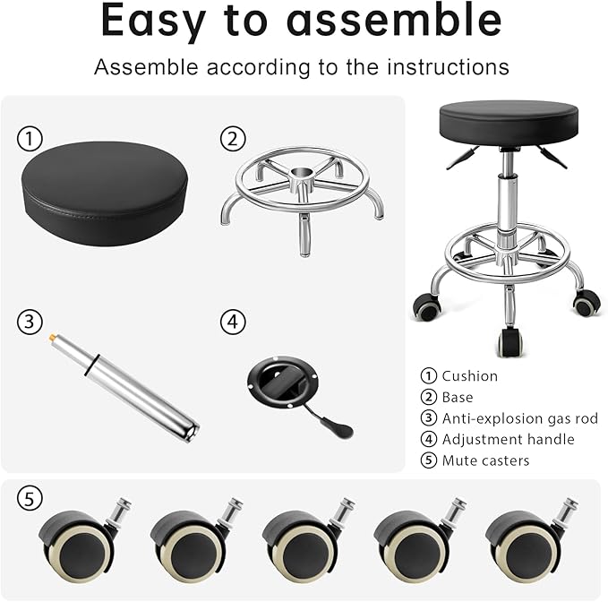 PU Leather Rolling Stool with Foot Rest Round Height Adjustment Swivel Spa Drafting Salon Tattoo Work Office Massage Vanity Stools Task Chair (Black)