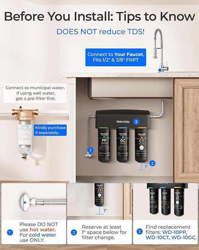 Waterdrop TSA 8 Layer Under Sink Water Filter System, Under Sink Water Filtration System, Reduces PFAS, PFOA/PFOS, Fluoride, Chlorine, Bad Taste & Odor, NSF/ANSI 42 Certified Element, USA Tech