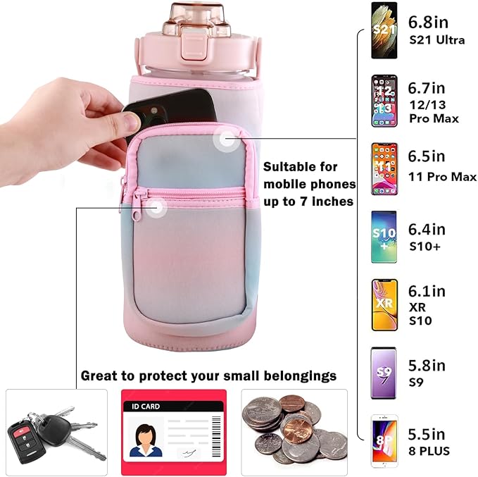 Half Gallon Water Bottle with Sleeve & Strap 64 OZ Motivational Water Bottles with Straw Large Wide Mouth Water Jug with Time Marker for Fitness, Gym and Outdoor Sports, Leak-proof & BPA Free,