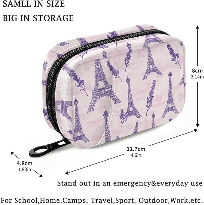Fustylead Romantic Purple Eiffel Tower and Lavender Travel Pill Organizer Bag with Zipper Small Pill Box 7 Day Pill Case for Purse Storage Weekly Vitamin Medicine Supplement