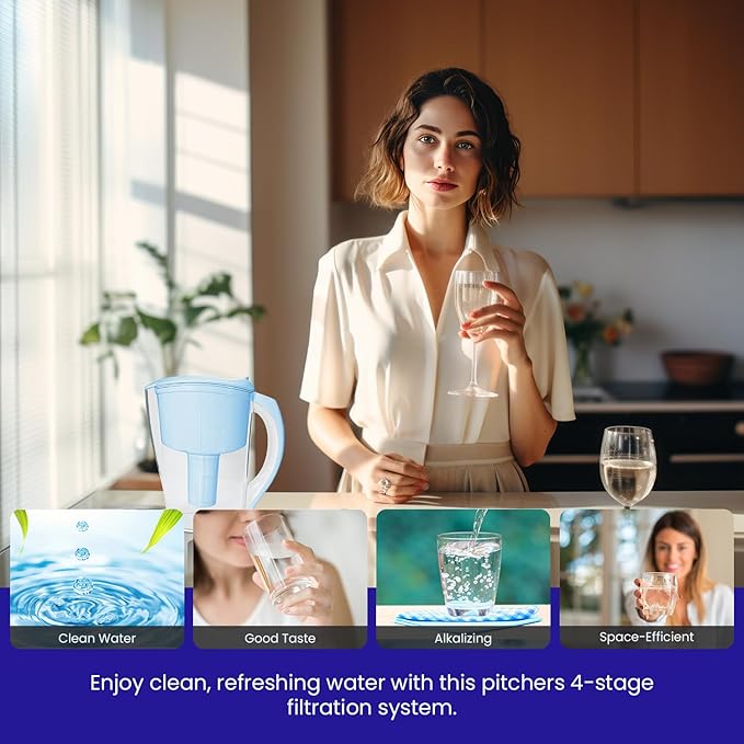 Crystal Quest Water Filter Pitcher - 12-Cup Capacity, Includes 1 Long-Life Filter, BPA Free, Meets NSF Standard 42 - Filters up to 2,000 Gallons – Alkalizing/Blue