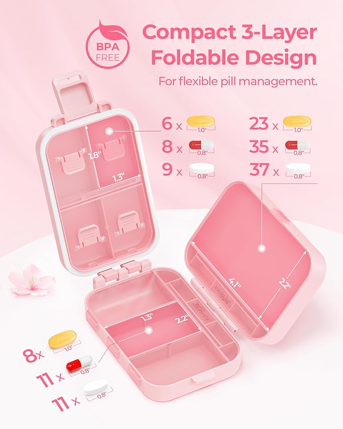Compact 3-Layer Travel Pill Organizer, Cute Pill Box Case with Pull-Tab Design for Easy Opening, Medication Organizer with 8 Compartments for Supplements, Vitamins, Fish Oils, 30 Labels