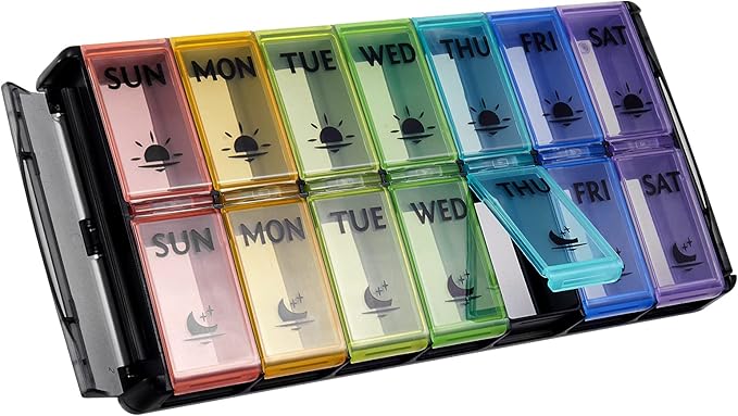Extra Large Pill Organizer 2 Times a Day, FGcase Easy Fill AM PM Pill Box, Large Capacity Quick-Refill 7 Day Pill Cases for Pills/Vitamin/Fish Oil/Supplements Rainbow Black