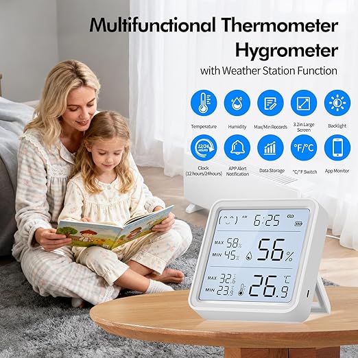eMylo WiFi Thermometer Hygrometer 2 Pack, Wireless Indoor Humidity Monitor for Room, Smart Digital Temperature Sensor with App Alert, Large LCD Display with Backlight, Free Data Storage Export