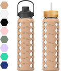 MUKOKO 32oz Glass Water Bottles with 2 Lids-Handle Spout Lid&Bamboo Straw Lid, Motivational Water Tumbler with Time Marker Reminder and Silicone Sleeve, Leakproof-Amber-1 Pack