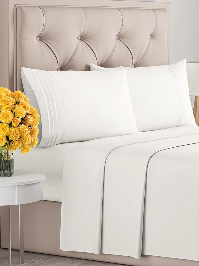 Hotel Luxury Durable Bed Sheets - Full Size 4 Piece Sheet Set - Extra Soft, Breathable & Cooling - Deep Pockets, Easy-Fit & Wrinkle-Free - Antique White Oeko-Tex