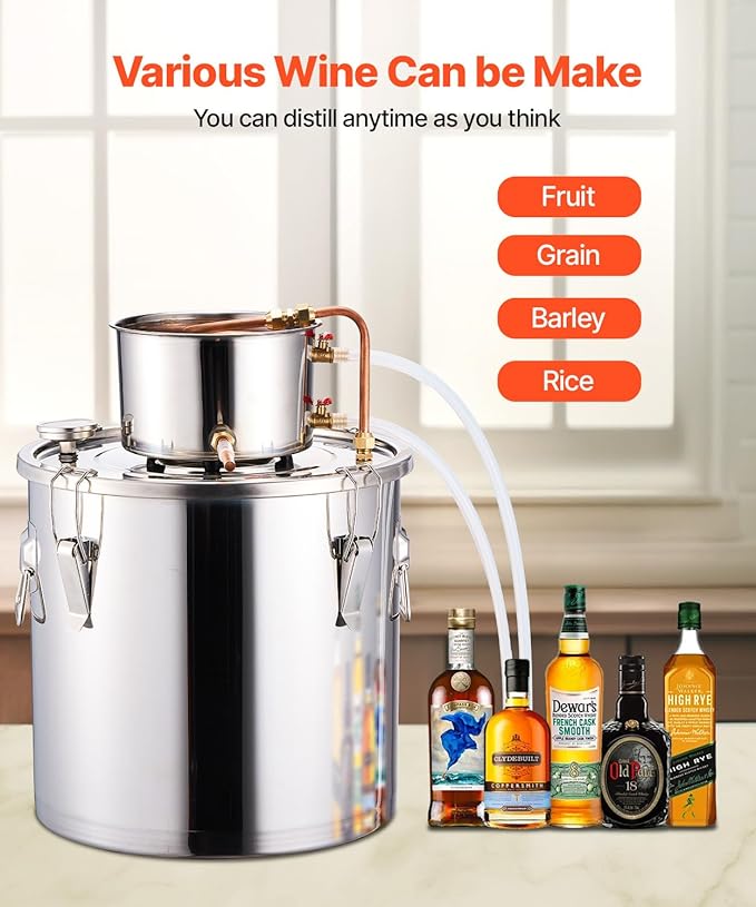 VEVOR Alcohol Still, 8 Gal / 30 L Stainless Steel Water Alcohol Distiller with Copper Coil, Home Brewing Refining Fermentation Kit with Thermometer, for Wine Whisky Brandy, Silver