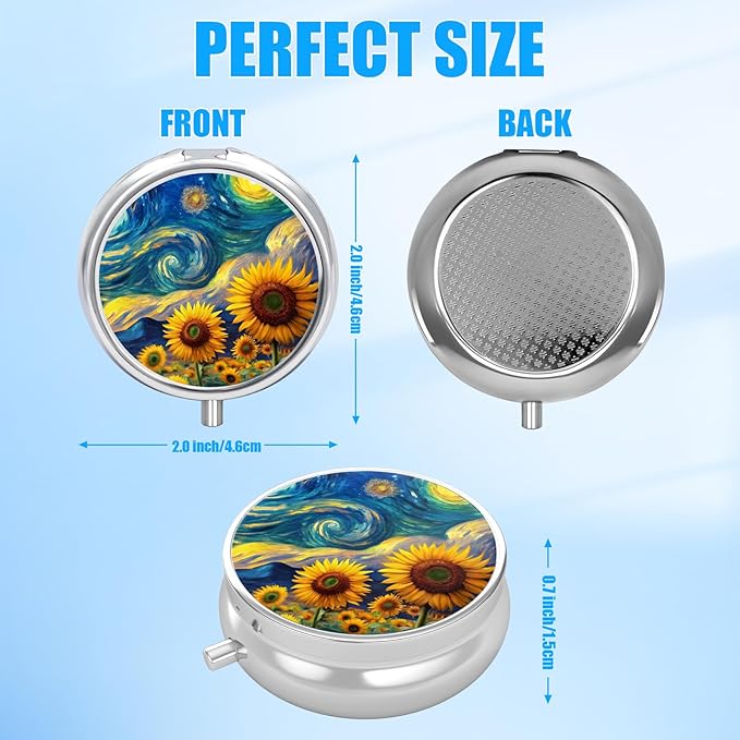 Starry Night Sunflower Pill Case, Flower Floral Pill Box 3 Compartments Metal Small Pill Holder with Mirror Mini Travel Pill Container for Purse Pocket Women Men