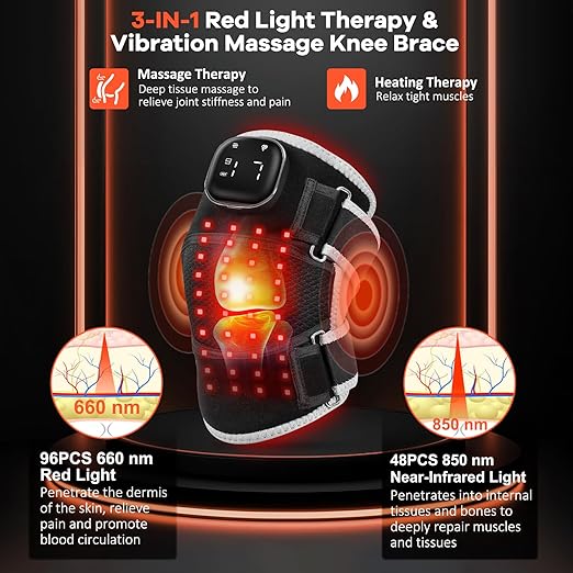 AFFLAT Red Light Therapy and Vibration Massage Knee Brace, 660nm & 850nm Near Infrared Light, Rechargeable Wireless Controller, for Knee/Shoulder/Joint/Elbow