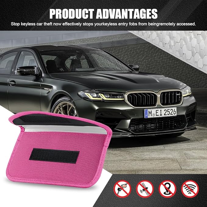 2PCS Faraday Bags for Car Key and Cell Phone, Signal Blocking Bag, Faraday Key Fob Protector, Universal Cell Phone Privacy Card Protection Car Accessories for Anti-Thefting (Rose)
