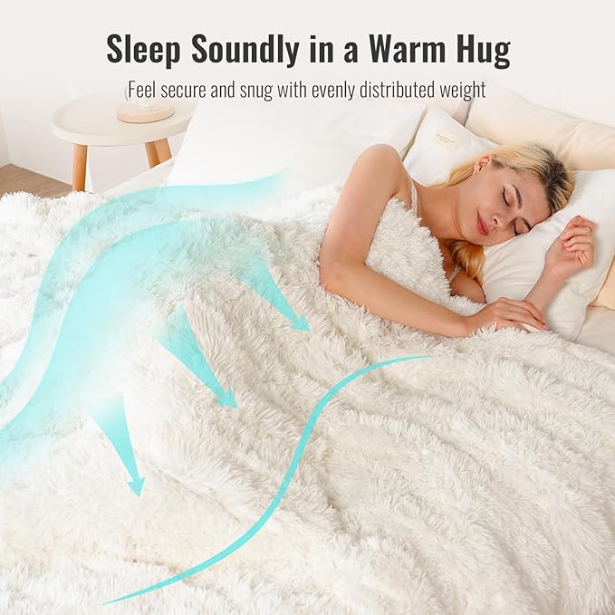 Uttermara Shaggy Faux Fur Weighted Blanket 15lbs, Super Soft Plush Fleece and Cozy Sherpa Reverse, Decorative Long Fur Throw Blankets 48"x72" 15LBS Cream