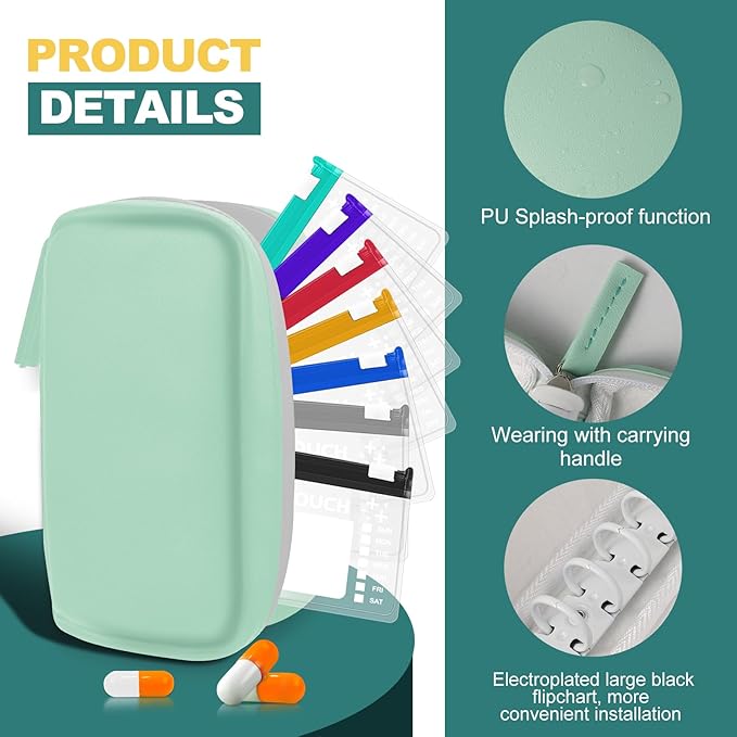 A7 Waterproof Pill Organizer with 14 S Zippered Pill Pouches for A7 Binder, Small BPA-Free Weekly Medicine Organizer, Color-Coded Reusable Travel Pill Storage System
