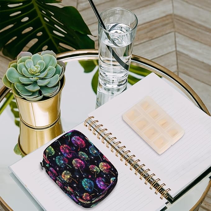 Weekly Travel Pill Organizer Case for Purse with Removable 7 Day Box Portable Compact Size Pill Box Fashionable Pill Container for Medicine Vitamin Supplement Glowing Dandelions Flower