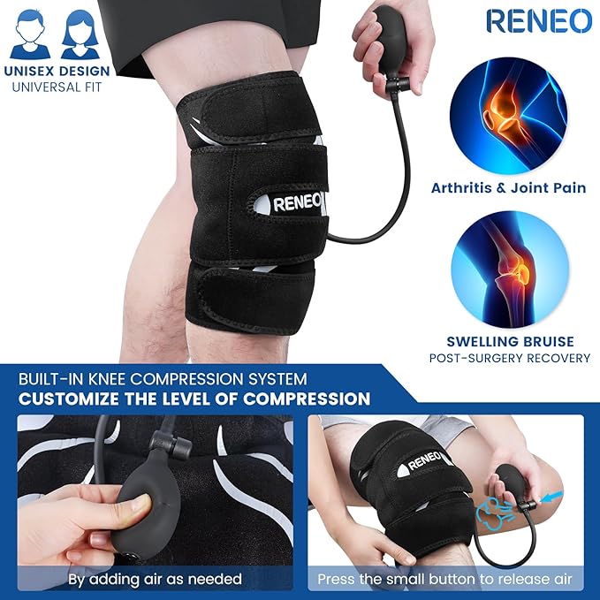 RENEO Compression Knee Ice Pack Wrap with Air Pump, Adjustable Knee Brace with Cold Packs Reusable, Hot and Cold Therapy for Women Men, Post-workout Recovery