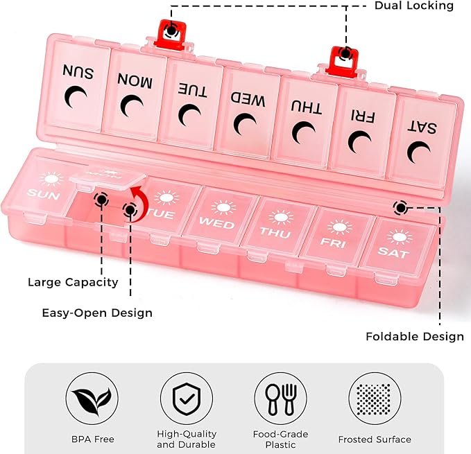 Foldable Pill Organizer Weekly 2 Times a Day, 7 Day Portable AM PM Travel Pill Case with Black&White Labels, Dual-Protection Daily Medicine Box, Large Pill Container for Vitamin/Supplement-Clear Pink