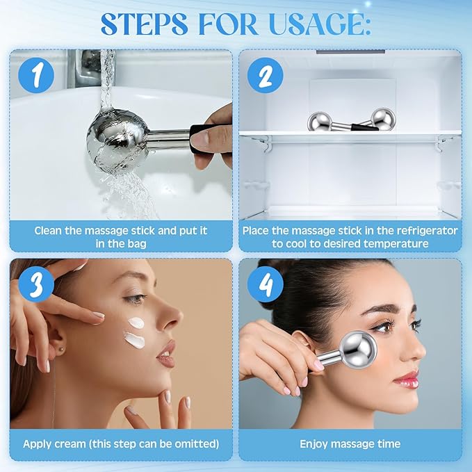 Baderke 2 Pcs Ice Globes for Face Stainless Steel Cooling Globes Unbreakable Cooling Roller Women Ice Balls Cryo Sticks Facials Skin Care for Dark Circles, Puffiness(Silver (Black Handle))