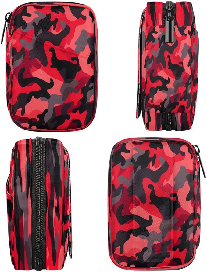 Abstract Red Camouflage Travel Pill Organizer Box Weekly Portable Pill Case Daily Pills 7 Day Small Birth Control Pills Container Removable Compartments for Medicine Vitamins Fish Oil