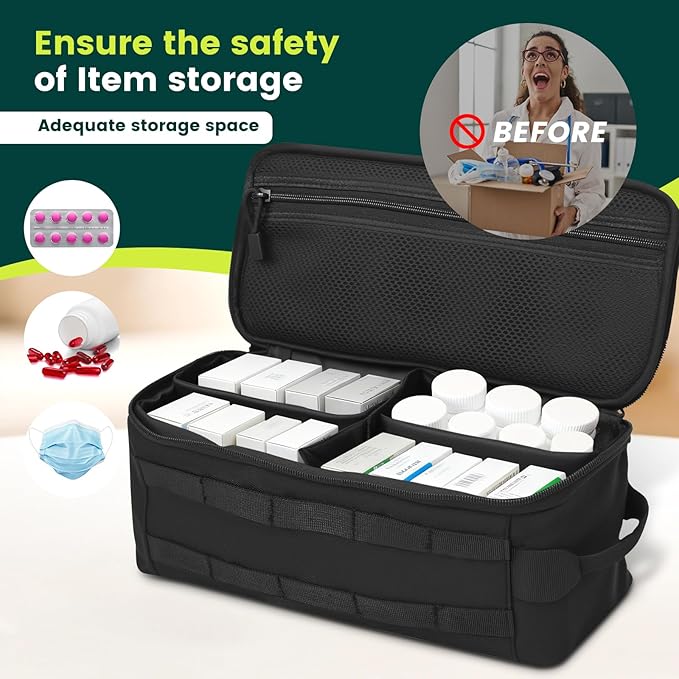 First Aid Bag Empty,Travel Bag Empty Pill Box Organizer, Portable Travel Pill Bottle Organizer for Home Outdoor Emergency Traveling(black,13.78 x 5.91 x 4.72 in)