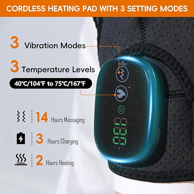 Shoulder Heating Pad, Cordless Electric Heating Pad for Shoulders with 3 Vibration Mode, 3 Heat Adjustable, Portable Heated Wrap for Shoulder Pain Relief, Chrismas Birthday Gift for Women Men
