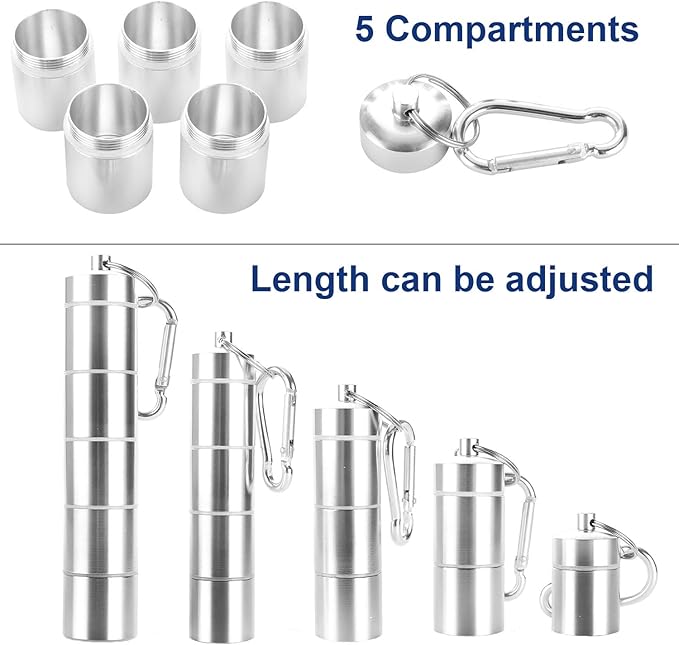 2 Pack Portable Pill Box, Floor88 5 Compartments Pill Case Aluminum Alloy Pill Holder Waterproof Medicine Organizer Mini Metal Pill Container with Keychain & Carabiner for Outdoor Travel Camping (#B)