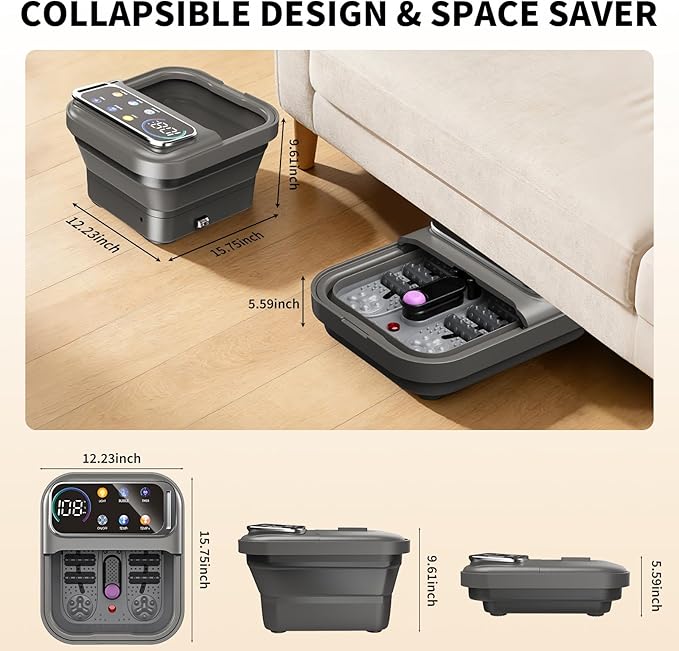 Collapsible Foot Spa Bath with Heat and Bubbles, Portable Foot Soaker Tub with XL Touch Screen, Temp Control & Massage Rollers, At-Home Pedicure Spa for Stress Relief