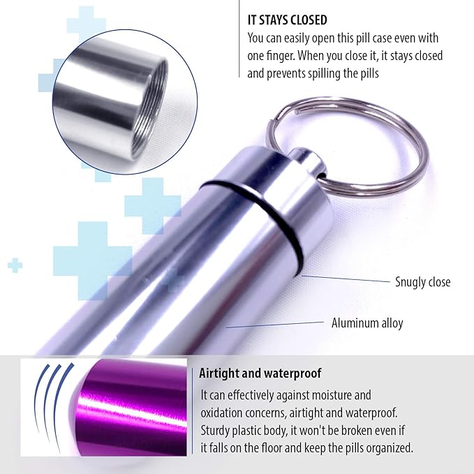 Deke Home - 5 Pack Keychain Pill Holder, Waterproof Mini Aluminum Pill Case, Portable Travel Medicine Container, Food-Grade & Pocket-Sized Pill Organizer for Emergency, Nitro Glycerin, Vitamins
