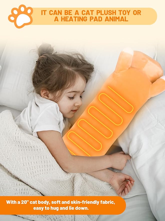 20" Brown Cat Heating Pad for Period Cramps USB Portable Electric 5 Heat Settings 5 Timer Modes Auto Shut Off Plush Stuffed Animal Warmer for Neck Back Pain Relax for Women Kids