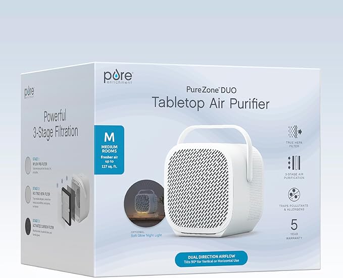 Pure Enrichment PureZone DUO Tabletop Air Purifier – True HEPA, Dual Direction Airflow, 3-Stage Filtration Captures Dust, Smoke, Odors for Large Rooms up to 615 sq. ft. (White)