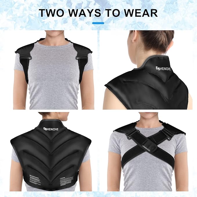 Chenove Ice Pack for Shoulders Upper Back with Strap, Neck and Shoulder Ice Pack Wrap Rotator Cuff Gel Reusable with Cold Compression Therapy, Soreness (Black)