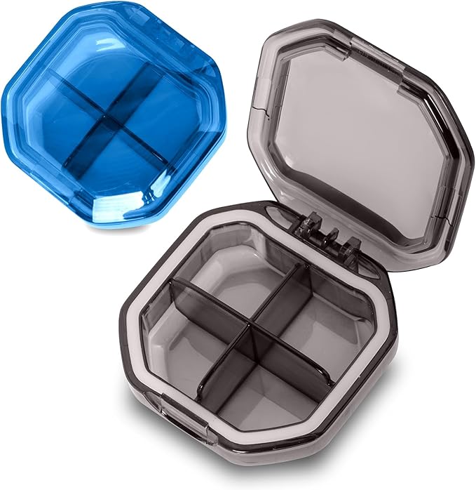 Daily Pill Organizer, 2 Pack 4 Compartments Small Pill Box Portable Pill Case, Travel Pill Organizer for Purse Pocket to Hold Vitamins, Cod Liver Oil, Supplements and Medication (Grey+Blue)