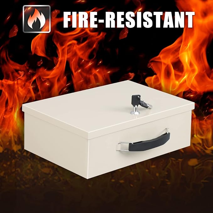 xydled Fire Resistant Safe Fire Safe Box with Key Lock for Home Office Security Storage for Valuables Documents,12.8 x 8.5 x 4.5 Inch,White,Beige