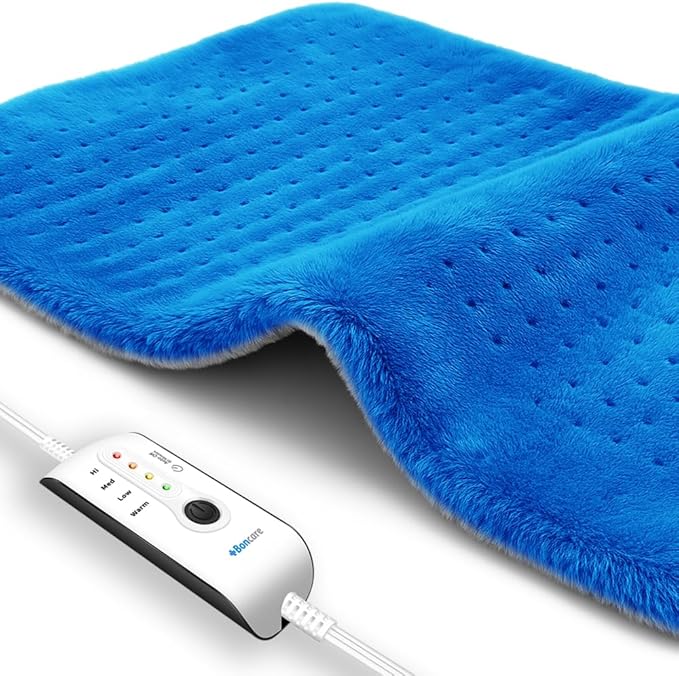 Boncare® Large Heating Pad for Back Pain Relief and Cramps with Auto Shut Off & 4 Temperature Settings, Fast Heat up Instant Comfort and Ultra Soft Velvet Plush Machine Washable (Blue, 12"x24")